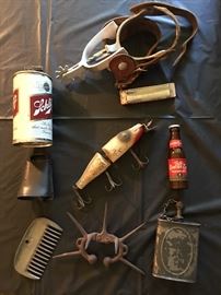 Schlitz Lighter Can, Cowboy Spurs, Old Flask, Antique 7" Jointed Fishing Lure, Harmonica, Cowbell