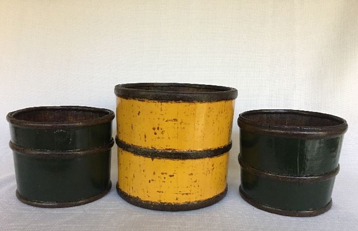 $200. Set of three wood lacquer buckets from Shanxi Provence in China circa late 19th century. 