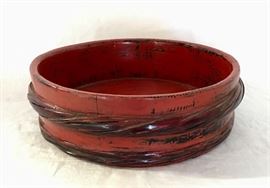 $40. Antique Chinese wood red lacquer bowl/platter, 13" dia. x 4".