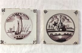 $20 each. Two Antique Delft Manganese Dutch landscape "circle" tiles. One is a sail boat, the other is a church. Tiles measure approximately 5" x 5".
