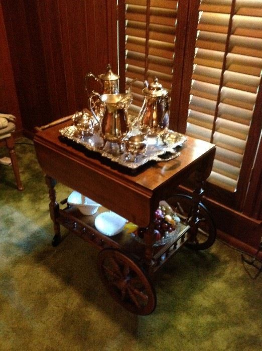 Serving Cart w/ Tray of Silver Plate Serving Pieces