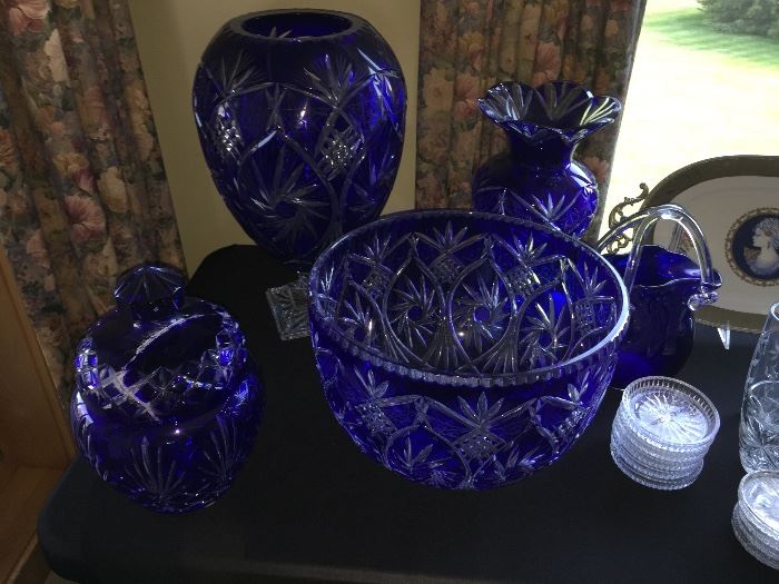  Beautiful cut to clear large glass bowl and vases