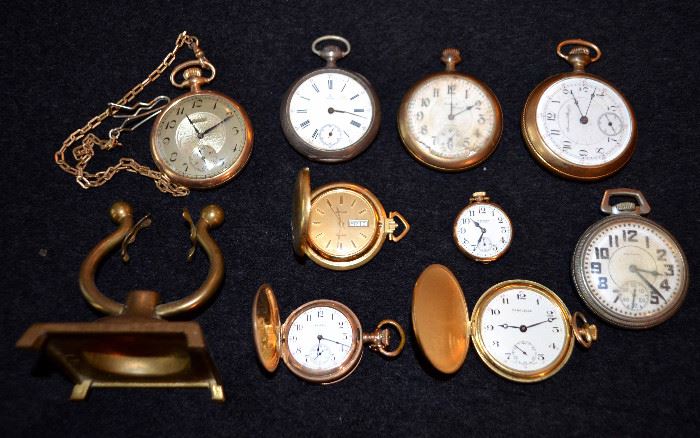 POCKET WATCH COLLECTION including,Waltham, Bureau of Ships, Comparison Watch, US Navy 1942;  Santa Fe Special, 21 Jewel, case made 2 plates solid gold over composition; Waltham Sapphire pocket watch; Elgin National Watch Company, 17 Jewels w/Nawco 10k gold filled case; small Elgin, w/Philadelphia Watch Co. case; small Arnex pocket watch; Caravelle 17 jewels, model 890-1; Sommer & Pierik, Springfield, Ill., Elgin Watch Case Co.; Omega pocket watch, parts only.