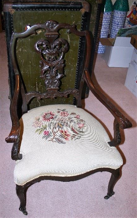 Wood Arm Chair w/Needle Point Seat