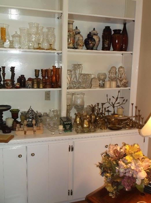 Clear glassware, grass, wooden candlesticks, vases, etc.