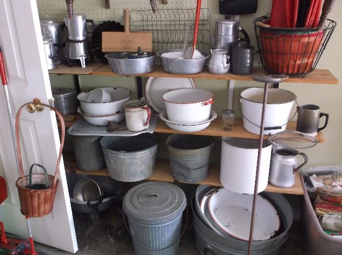 Enamel pans, pails, wash tub, stove top coffee pots