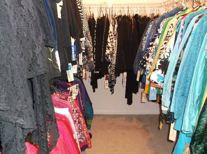 Walk-in closet packed with ladies clothing; lots of them w/tags never worn by Chico's, Ruby Rd., Coldwater Creek, Laura Ashley, Jones New York, Tan Jay, Choices, Multiples, etc.