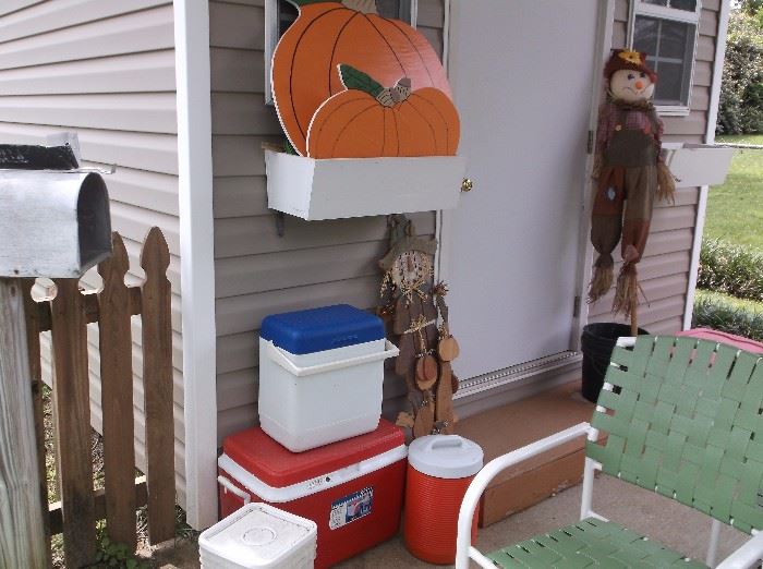 Coolers, fall decor, chairs
