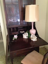 Antique secretary; vintage lamp; Hinode figurines
