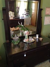 Antique dresser with large tilt mirror; Camark pottery (from Camden, Arkansas)