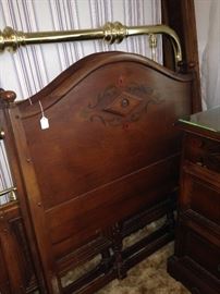Antique twin headboards/footboards have matching chest, dresser, and nightstand.
