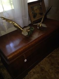 One of two cedar chests; brass birds
