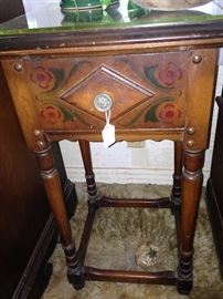 Antique nightstand has matching twin headboards, a dresser, and chest.