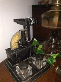 Antique scale & inkwell set; oil lamp