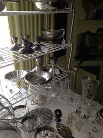 Silver plate candle holders and serving pieces