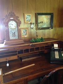 Antique roll top desk and mantel clock; vintage adding machine