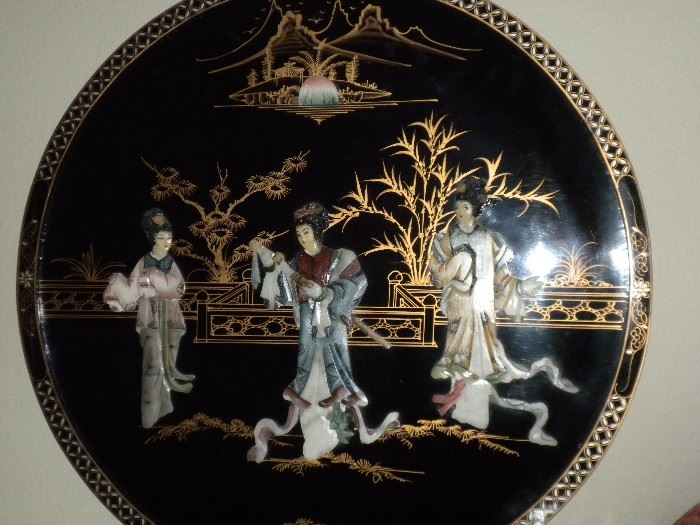 VINTAGE CHINESE  BLACK LACQUER ROUND PANEL