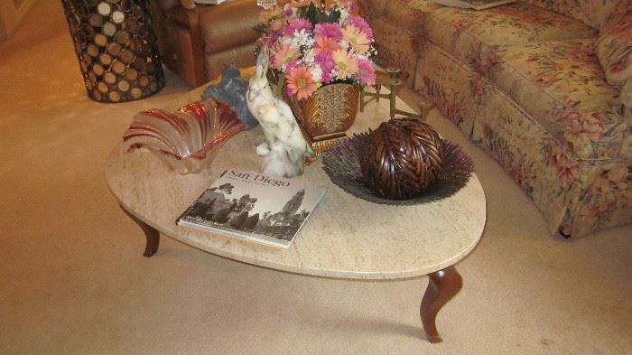 MARBLE TOP KIDNEY SHAPED COFFEE TABLE                CARVED MARBLE COCKATOO