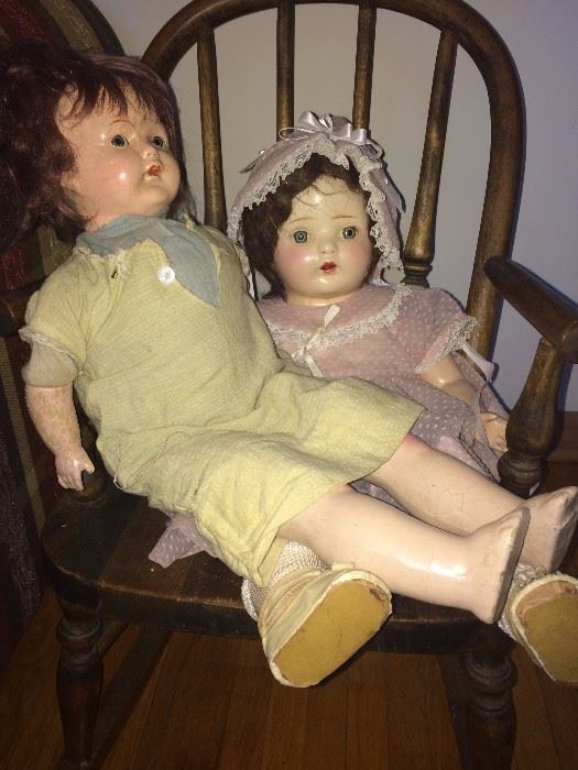 Antique dolls, antique childs chair