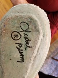 Signature of Sculptor Isabel Bloom on bottom of Mourning Dove Sculpture. Sculpture $85