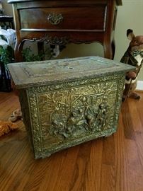 Antique Brass and Wood Log Hod, Firewood Starter Box, $150