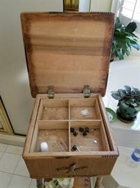 Interior of Antique Bamboo and Wood Sewing Stand Table, $150.