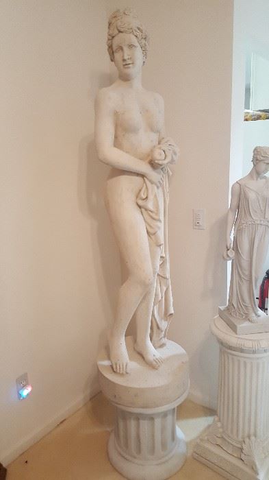 Hemera, Goddess of Daylight Statue

Reminiscent of classic Greek and Roman statues, the life-sized goddess Hemera sculpture is created in fiberglass-reinforced resin and finished to replicate French limestone. Perfect in a garden or spa, this impressive focal piece is grand-scale art - over five feet tall from base to fingertips. 
18"Wx18"Dx62"H. 52 lbs.