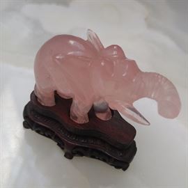 Chinese-Rose-Quartz-Pink-Carved-Elephant-and-Wood-Stand 