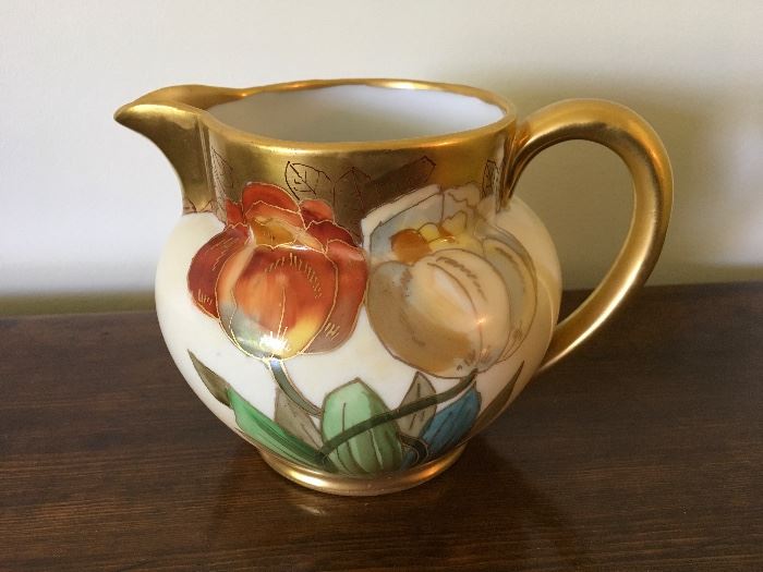 Pickard milk pitcher. Signed N.R.Gifford   Twin tulip decoration. Phone sale item. Bidding begins at 12 noon on 5/26.   Pam Newby, IL license 441.002298