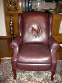 Leather wing back recliner x2, rug not for sale