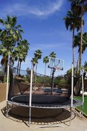 Trampoline and basketball hoop