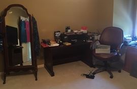 Office desk, chair, supplies, clothes