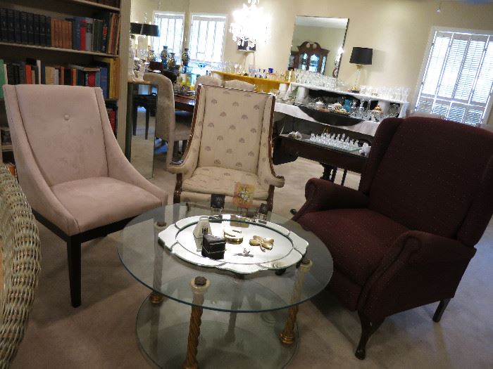 Round Hollywood Regency Table, Maroon Recliner, And Other Accent Chairs