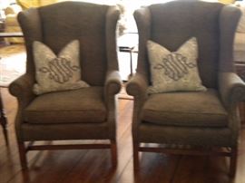 Matching Ethan Allen Wing back chairs with nail head trim , down filled matching accent pillows available also at separate price point.