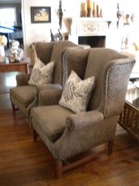 Matching Ethan Allen Wing back chairs with nail head trim , down filled matching accent pillows available also at separate price point.
