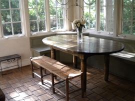 Olive stained farmhouse table & Rope bench