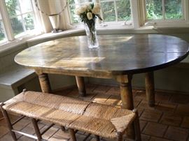 Olive stained farmhouse table & Rope bench