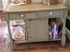 Anitque/Primitive green cabinet with white knobs