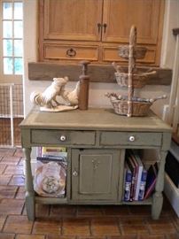 Anitque/Primitive green cabinet with white knobs