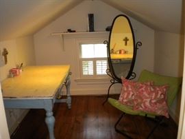 Shabby chic desk, Cheval mirror, a full-length floor-standing mirror mounted in a frame that allows it to swing freely, Fold up indoor casual chair.