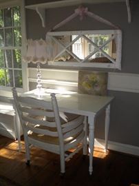 White desk/Desk chair rush woven seat on castors and Shabby Chic hanging mirror to boot!