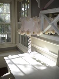 White desk/Desk chair rush woven seat on castors and Shabby Chic hanging mirror to boot!