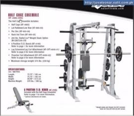 Hoist Adjustable bench HF-165 Hoist HF405D Accessory Stand Hoist HF405A Leg Extension Hoist Preacher Pad Hoist Fitness System HF 985 Half Cage Frame with SMITH Machine Bar and Accessories. This is a complete Hoist Fitness System that combines free weights (bench press, squats, dips, overhead press, leg extensions, leg curls) and machine exercises (seated rows, lat pull downs, pec deck, tricep extensions, bicep curls).Hoist HF 985 Half Cage Frame Includes the Following:Hoist HF 900-01 Squat AttachmentHoist HF 900-03 Lat Pull-down/Low RowHoist HF 900-04 Pec Deck OptionHoist HF 900-05 Safety Tier OptionHoist HF 405A Leg Development StationHoist SMITH BarHoist HF Professional Bench with Adjustable Seat and BaseHoist Weight Stack 200 lbs.USA Sports Tricep Pull-down Rope AccessoryUSA Sports Triangle Pull-down BarUSA Sports Lat Pull-down BarUSA Sports 7 FT. BarBodySolid Professional Weight Stack Tree and USA Sports Weight Set Includes:2 x 45 lb. Plates2 x 35 lb. Plates2 x 25 lb. Plates2 x 10 