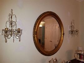 Vintage Crystal Wall Sconces and Gesso Mirror