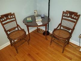 Pair of Antique Ball & Stick Chairs and Round 3 Side Drop Leaf table w/Glass Top 
