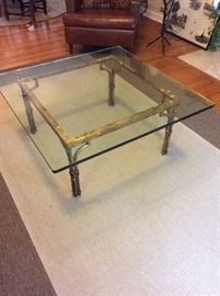 Antique, Glass top coffee table with Brass bamboo style base