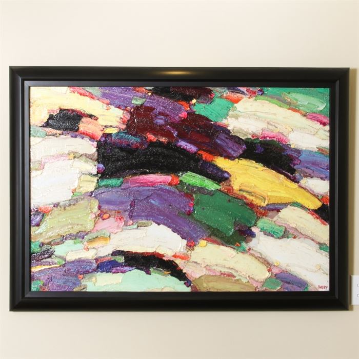 Framed Oil Painting on Canvas by Rabby: A framed oil painting on canvas by Rabby. This abstract piece features a green, purple, yellow, white, and black color palette. It is signed to the lower right corner, “Rabby.” It is housed in a black painted wooden frame.