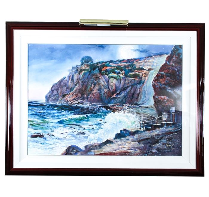 Framed Large Watercolor "December Moonset": A large, framed watercolor is titled “December Moonset.” This watercolor on paper features multi colored boulders above a swirling ocean with a set of steps to the forefront and a tree perched atop the roiling ocean. It is signed to the lower right and titled “December Moonset,” “Dana Point, CA” “Genesis 11:16.” The art is presented under glass with double white mats and a warm dark wood beveled frame.