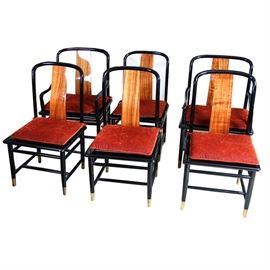 Set of Six Henredon Elan Chairs: A set of six Henredon Elan chairs. Each chair features ebony frames with wooden back splats, reddish seat cushions, brass caps to the feet, and H stretchers. Includes two arm chairs and four dining chairs. No visible markings.