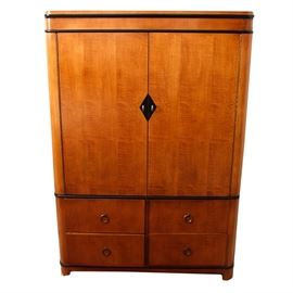 National Mt. Airy Biedermeier Style TV Armoire: A National Mt. Airy Biedermeier style TV armoire. Features a natural wood construction and dovetail joinery. The upper section features a double door cabinet with space for a TV and two drawers. The lower section features four drawers with ring pulls. Unmarked.